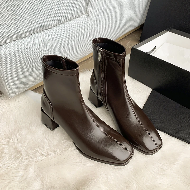 

Square Toe Women Ankle Boots High Quality Elastic Microfiber Leather Short Boots Zipper Med Heels Chelsea Shoes Zapatos Muje