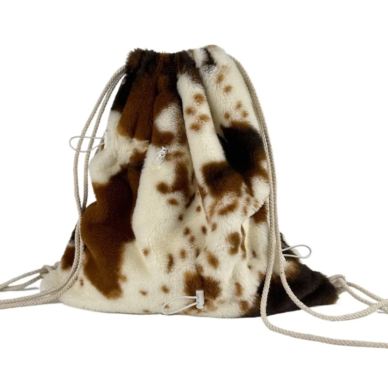 

Зимний женский рюкзак из искусственного меха с коровьим леопардовым узором Sweet Girl, большая вместительная мягкая сумка на шнурке для покупок и свиданий.