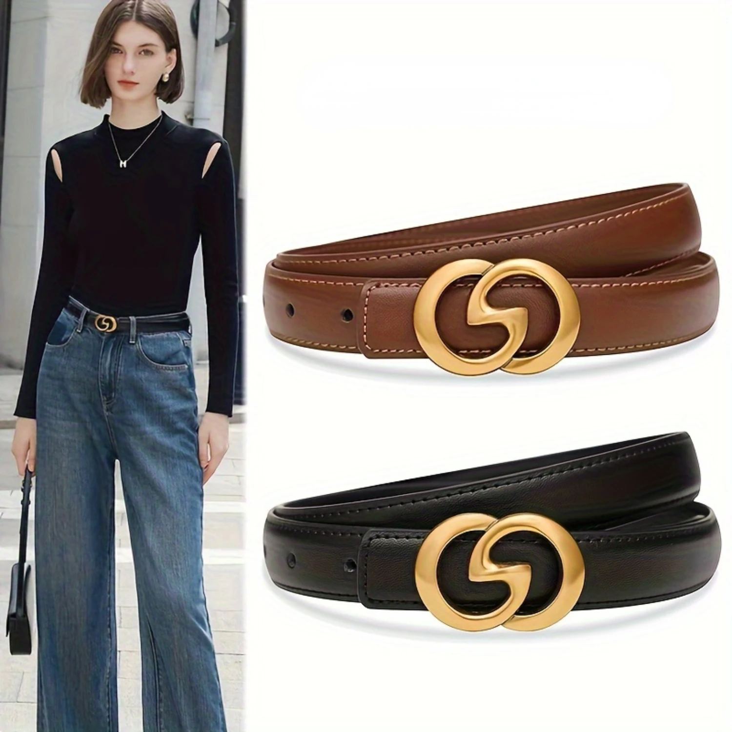 

Golden Buckle Belt - Timeless Elegance, Fashionably Chic, Single-Tone Hue, Premium Genuine Leather - Designed Specifically for W