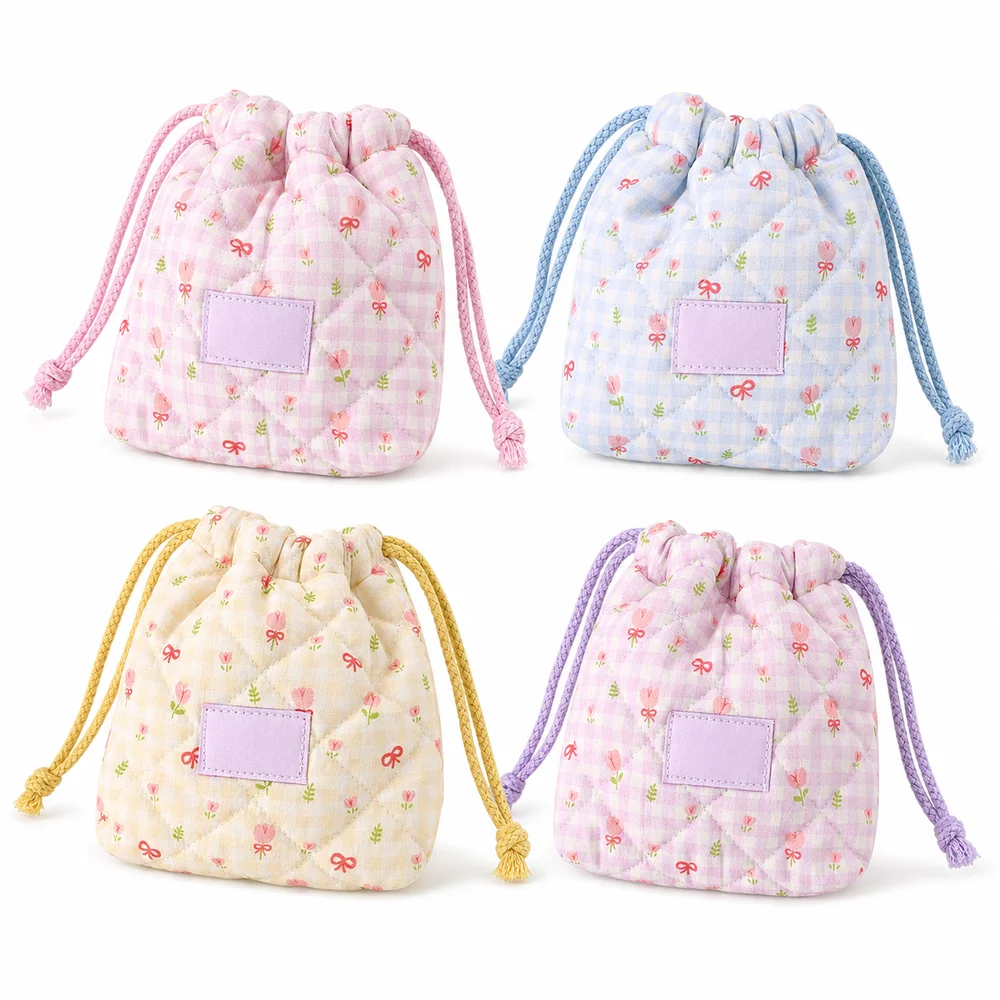 Quilted Fabric Drawstring Camera Pouch Soft Padded Floral Pattern Camera Storage Bag Portable Camera Case Accessory Organization