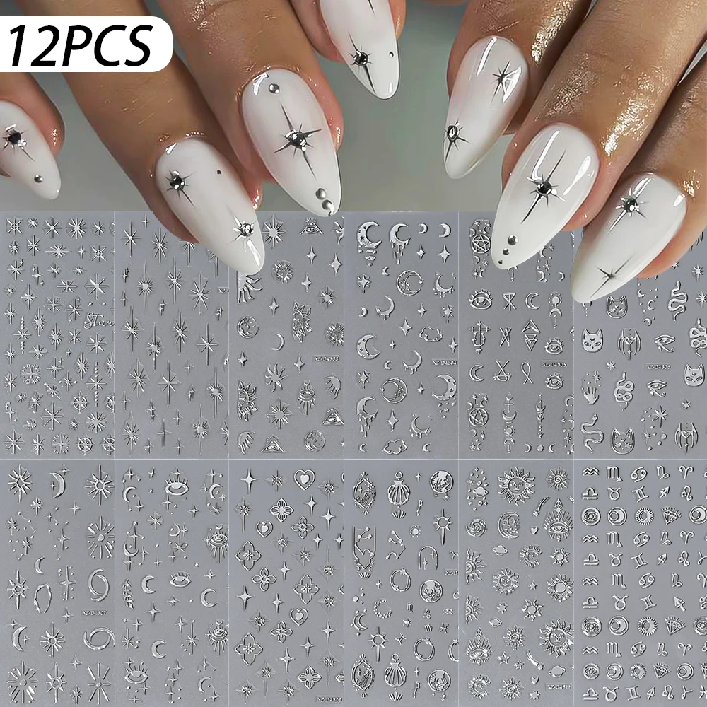 12 Stück 3D Bronzing Metall Silber Flamme Nagelaufkleber Y2k Stern Mond Schlange selbstklebende Schieber Französisch Streifen Linie Schleife Maniküre Aufkleber