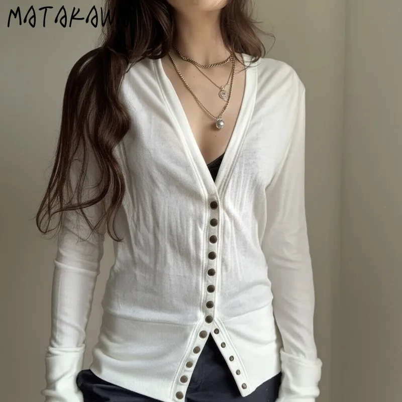 

Matakawa Y2k Clothes Thin T Shirt for Women Single Breasted Solid Spring Autumn Ropa De Mujer American Fashion Sexy Tees
