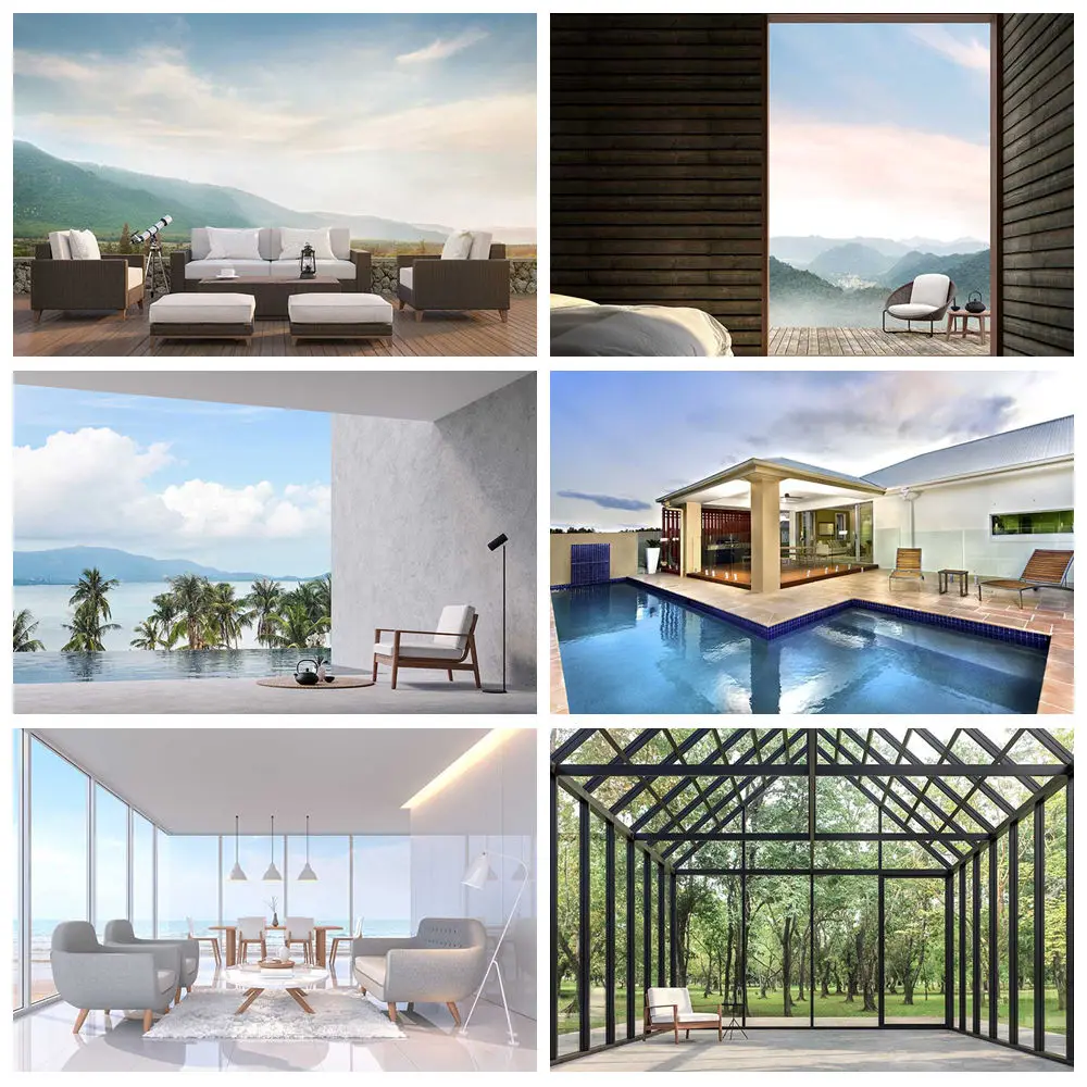 

MOON.QG Summer Interior View Backdrops Photography White Living Room Sofa Windows Swimming Pool Photo Background Photobooth