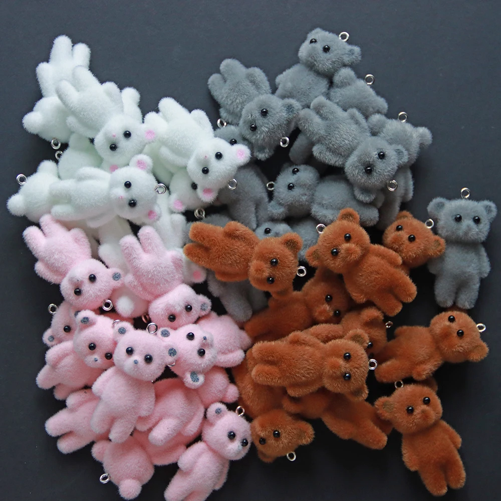 30Pcs 3D Flocked Cute Bear Charms Kawaii Cartoon Animal Resin Pendant Earring Keychain Accessories for DIY Crafts Jewelry Make