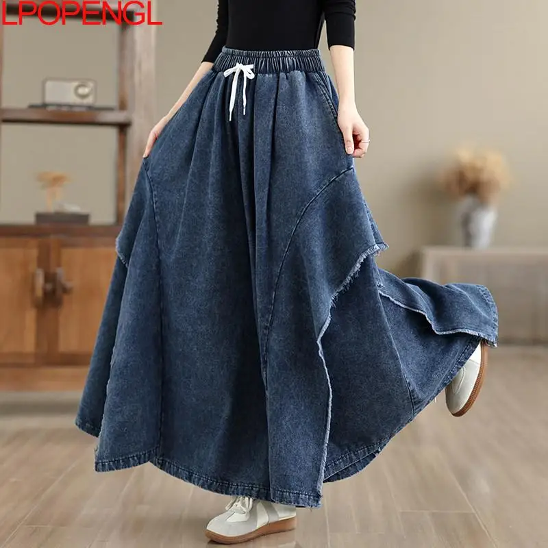 2026 Woman Solid Color Drawstring Denim Loose Pants Personalized Fashion Floor Wide Leg Pants Spring And Summer Irregular Jeans