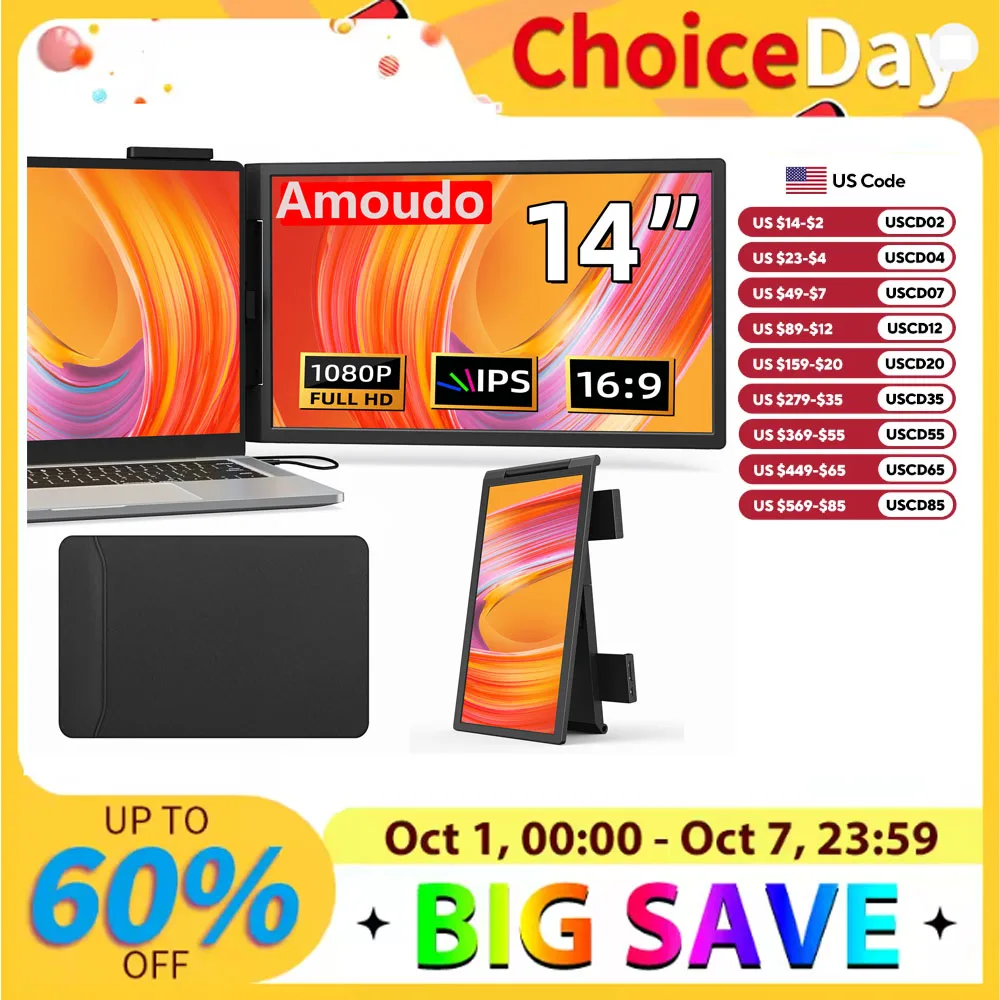 Amoudo 14 Inch Laptop Screen Extender 1920*1080P IPS Portable Monitor with USB-C HDMI Port for Windows Mac Switch PS5 Xbox