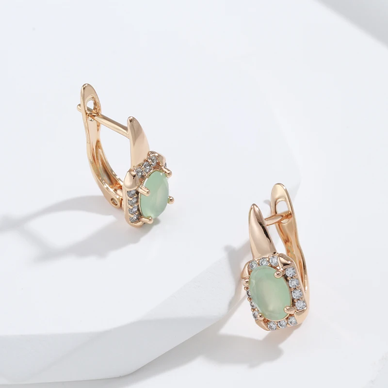 New Geometric Oval Jade Green Zircon Women\'s Elegant Drop Earrings 585 Gold Vintage Jewelry Party Wedding European Earrings