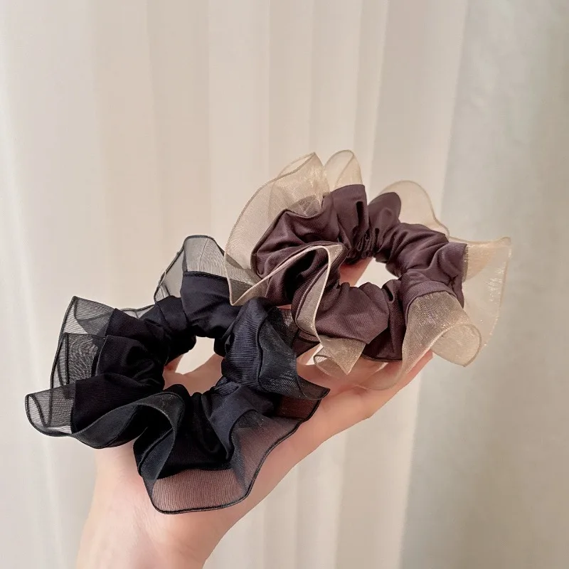 Elegant Organza Ruffle Hair Scrunchie, Double Layer Satin Elastic Hair Tie for Women Mesh Scrunchie Versatile