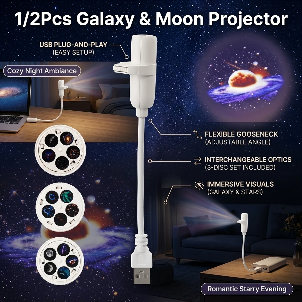1/2Pcs 2 in 1 USB HD Galaxy Star Projection Lamp Night Sky LED Atmosphere Light Mini LED Ceiling Wall Projection Lamp