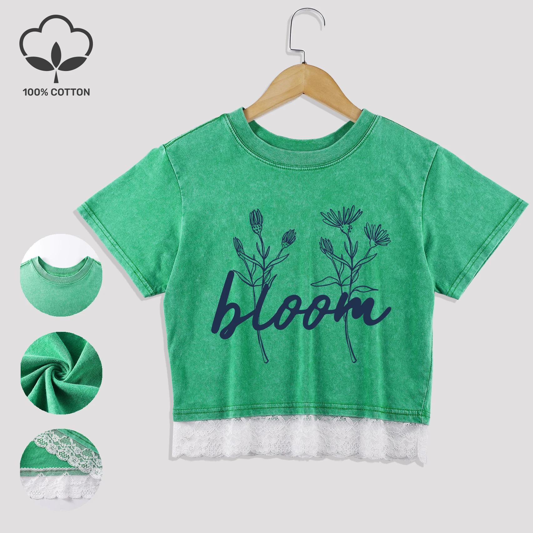 

Bloom Beautiful Flowers Print Washed Crop T-Shirt Female Fashion Cotton Splicing Tee Multicolor Casual Clothes Soft Retro Tops