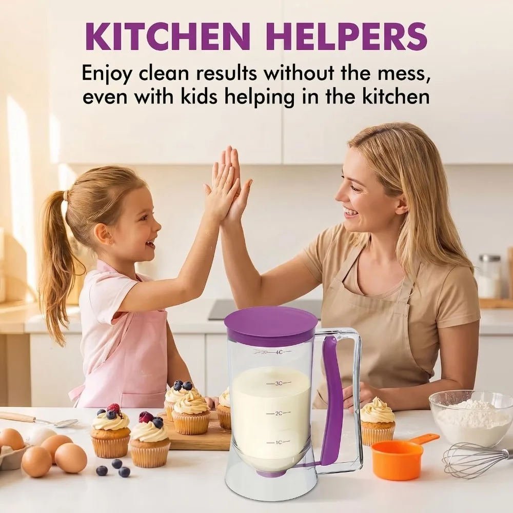 Pancake Batter Dispenser with Squeeze Handle & Measuring Marks 4-Cup Capacity Leak-Proof Design for Waffles Muffins Crepes