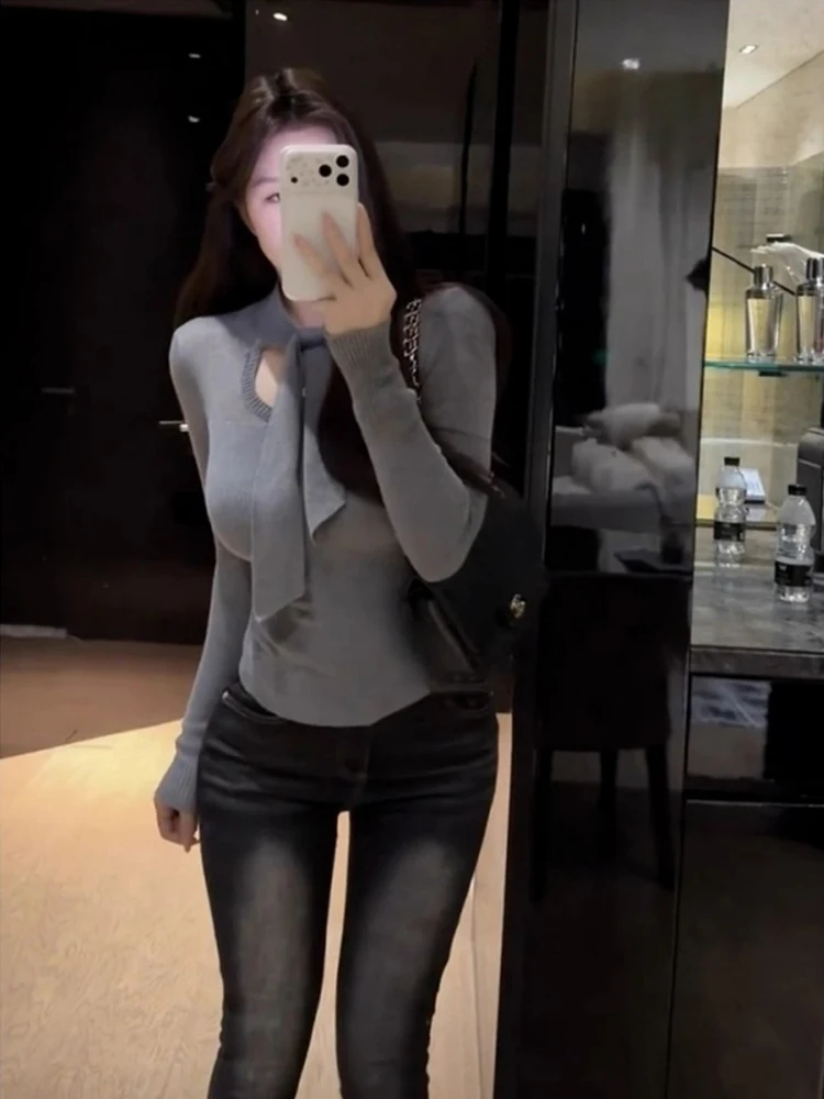 Coreano Sle Long Sve tejido ahuecado con cinturón Slim Fit ropa interior de mujer Top juvenil para otoño e invierno