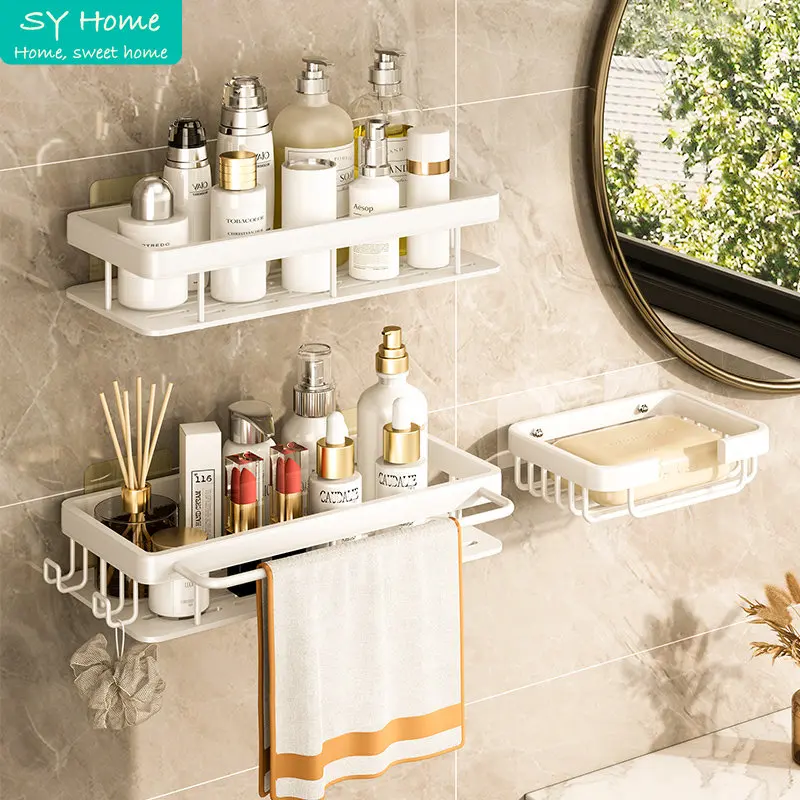 

White Bathroom Accessories Shelves Wall Mount Shelf Shower Storage Rack Holder Shampoo Organizer Bathroom Organizer