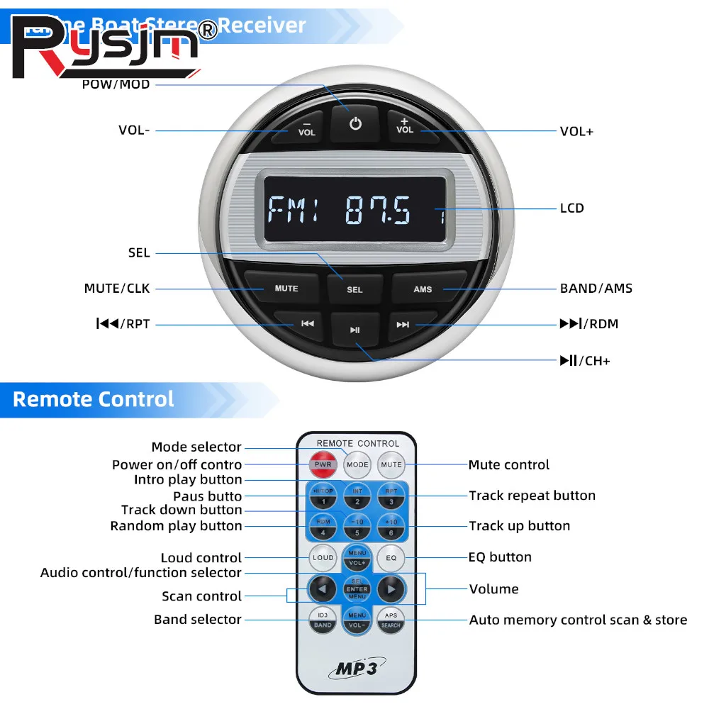 

Waterproof Boat Radio Media Player Marine Stereo MP3 Audio Radio Bluetooth-compatible FM AM Receiver For Yacht Gauge ATV UTV