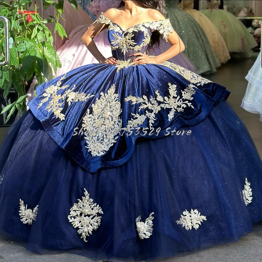 Elegant Navy Princess 15 Quinceanera Dresses Sparkling Card Shoulder Appliqué Sequins Tie Ruffled Tiered Tulle Ball Gowns