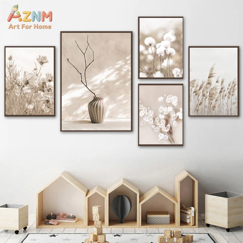 AZNM Neutral Beige Dried Plant Geometric Letter Canvas Poster, Frameless Boho Text Botanical Wall Art For Modern Study Bedroom H - view 2