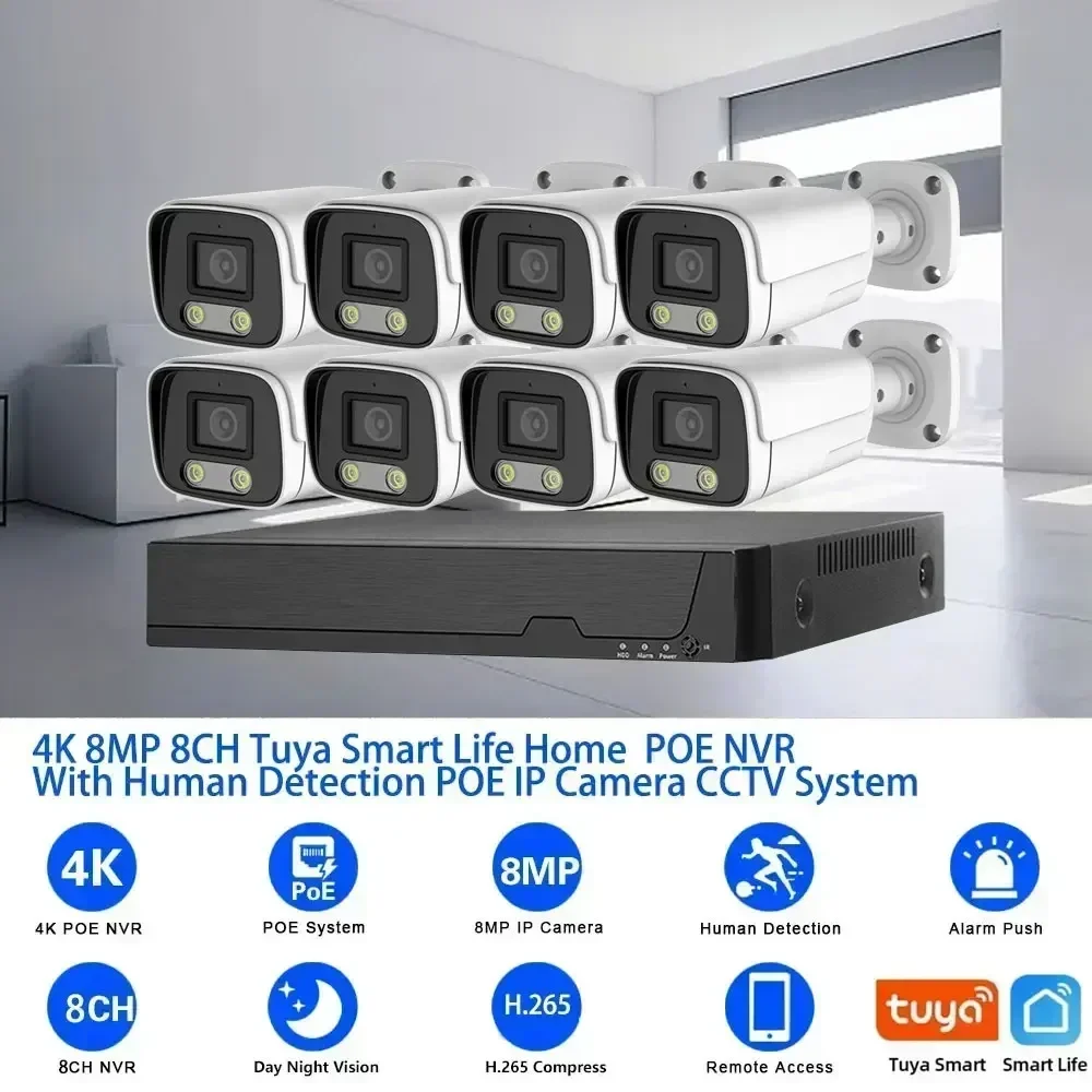 Tuya 스마트 8CH 4K 8MP/5MP H.265 비디오 감시 시스템 POE NVR 키트, 모션 감지 금속 케이스, IP 카메라와 호환 가능