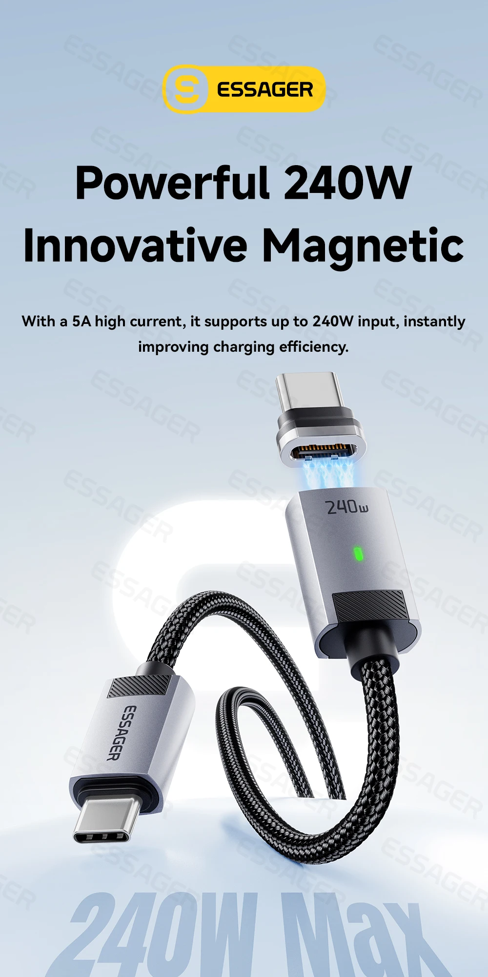 Essager USB C Cable 240W Magnetic USB Type C Cable PD 5A Fast Charging Data Cord For iPhone 17 Macbook Pro Xiaomi Huawei Samsung