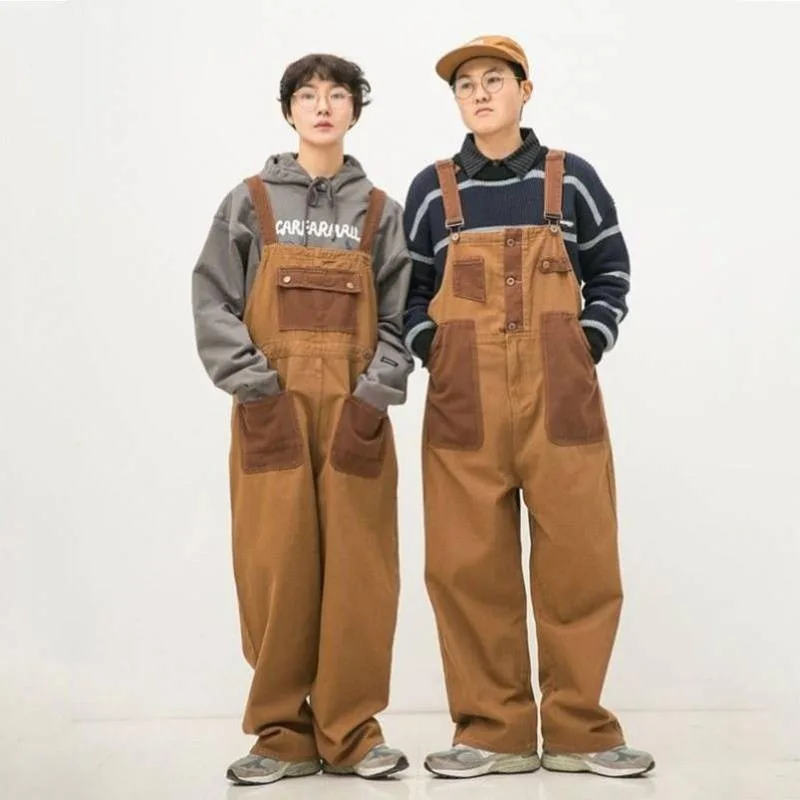 

American Style Work Overalls Japanese Retro Orange Brown Color Matching Neutral Overalls Loose Straight Leg Pants for Couples