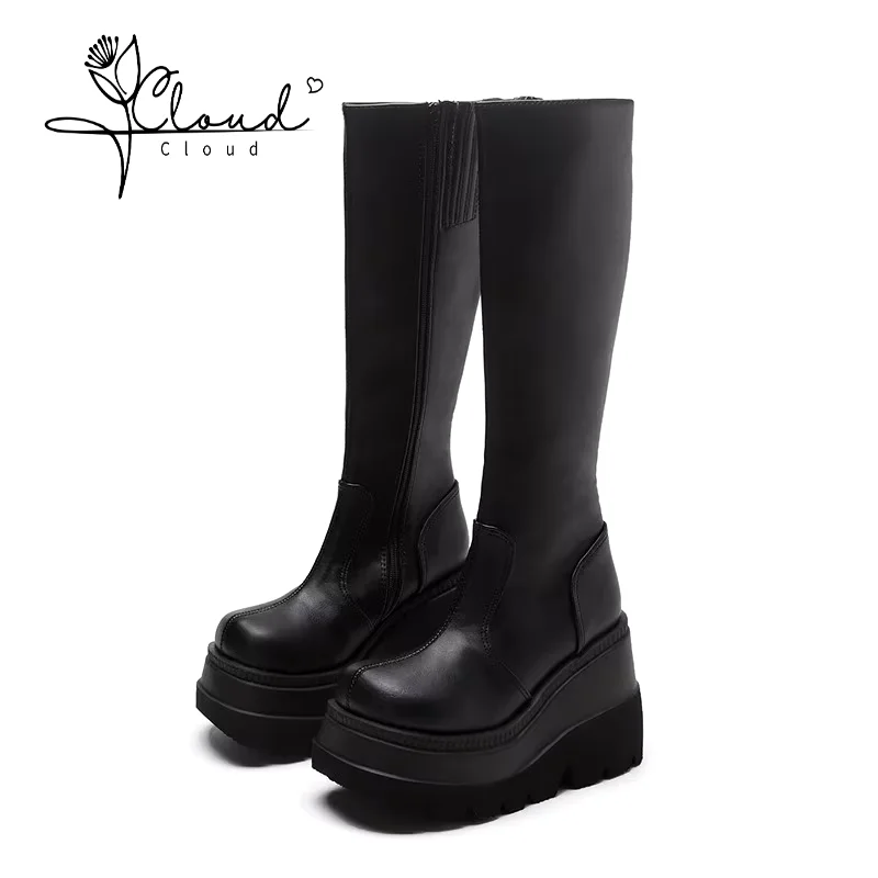 

Plus Size Wedge Thigh High Women Mid Calf Winter Boots Small Girth Gothic Platform Biker Rider Than Knee Length Skinny Shoes