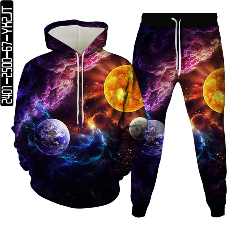 Fall Men Fashion Tracksuit Long Sleeve Harajuku Universe Galaxy Planet Star Printed Teen Clothing Women Hoodies+Trousers 2pcSet