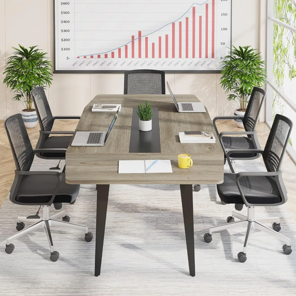 6FT Conference Table, 70.86L x 35.43W x 29.52H Inches Boat Shaped Meeting Table, Industrial Grey Seminar Table for Office Meeti