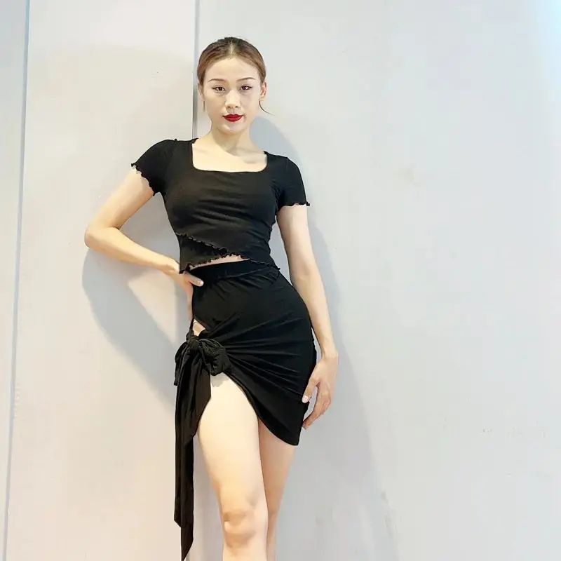 2025 trajes de dança latina feminina saia preta irregular oco roupas prática adulto feminino chacha rumba dança wear dql12232