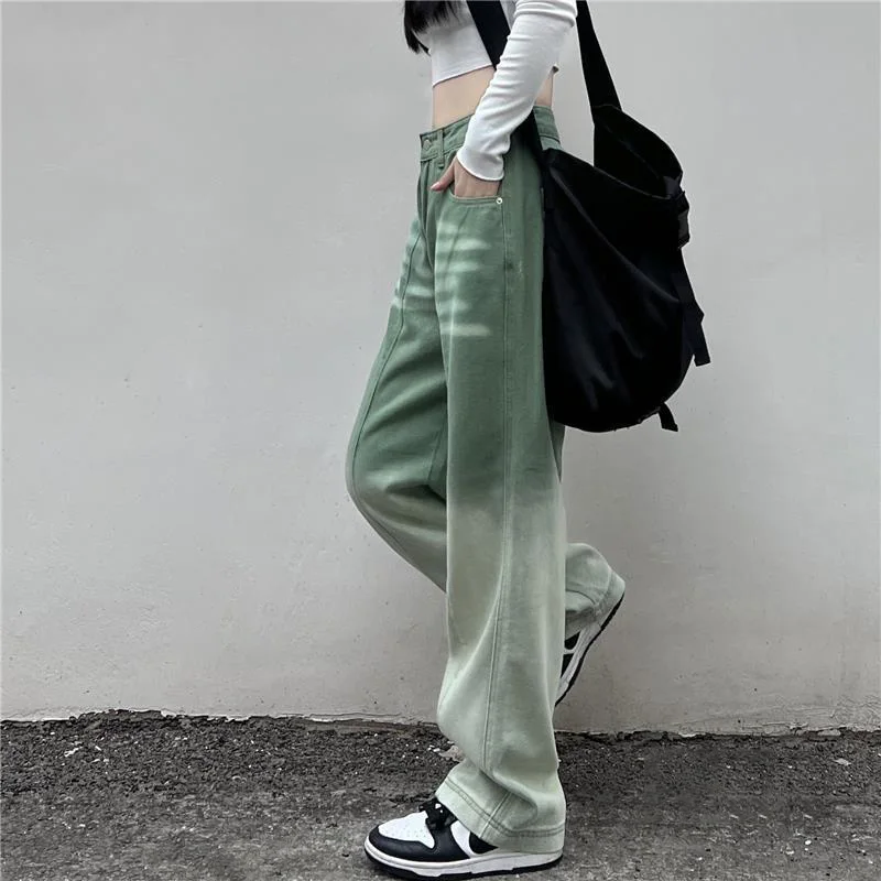 Women Korea Style Gradient Color Jeans Spring And Autumn Commuting Version Pants Fashion High Waist Wide-leg Women's Trousers