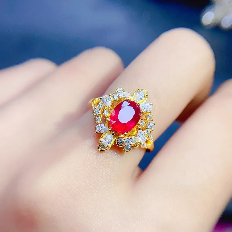 

High-end Luxury Women's Pigeon Red Ruby Ring Fashion Original Real S925 Silver 18K Yellow Gold Anniversary