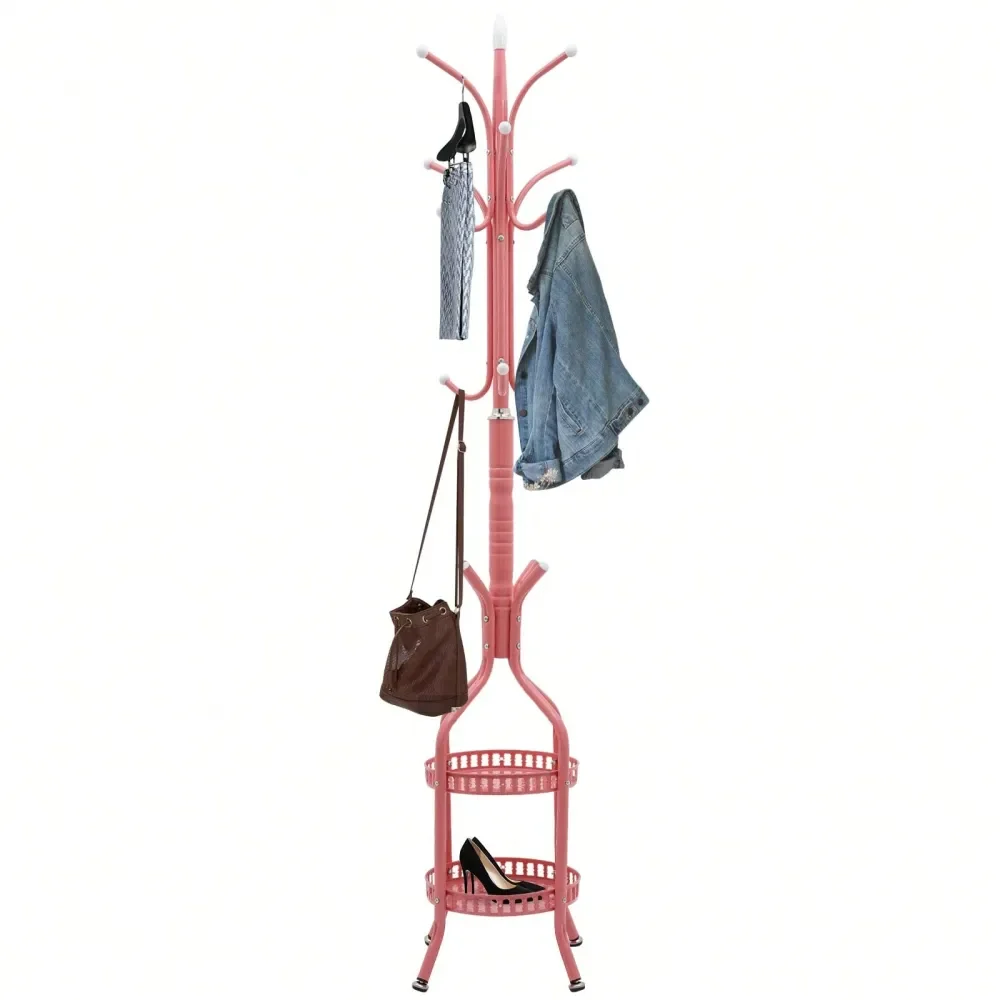 

Metal Coat Rack Stand With Double Layer Basket,Coat Rack Freestanding Hat Hall Tree With 12 Hooks For Hanging Scarf,Bag,Jacket,