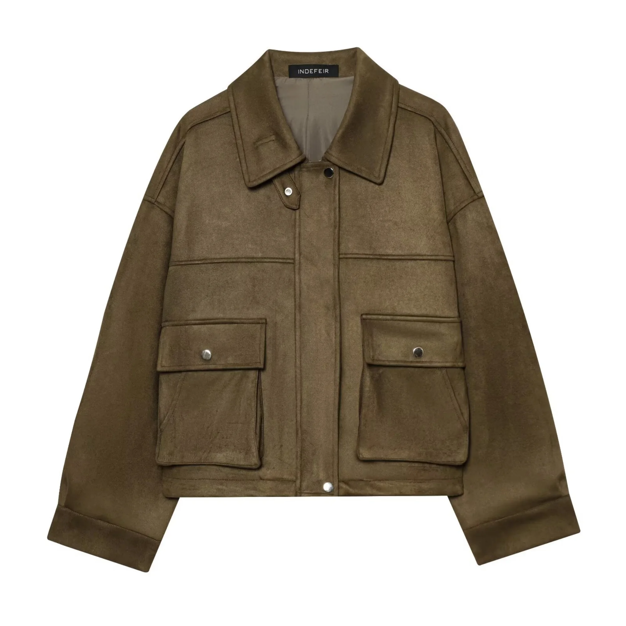 

Women's Leather Loose Jacket Coat Turn-Down Collor Long Sleeve Button Pocket Zipper Elastic Rope Autumn Winter Streetwear Jacke