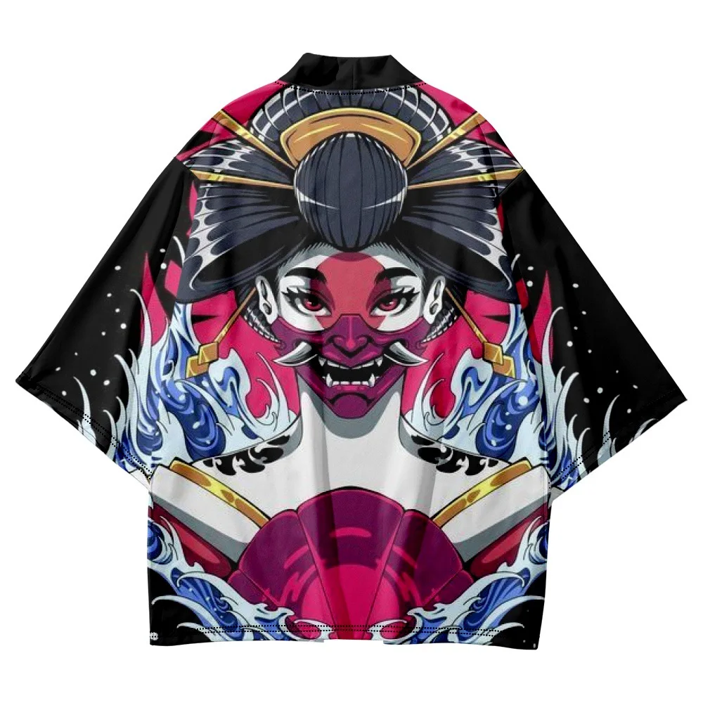 

Cartoon Japan Beauty Prajna Printed Black Streetwear Casual Japanese Kimono Beach Shorts Yukata Harajuku Cardigan