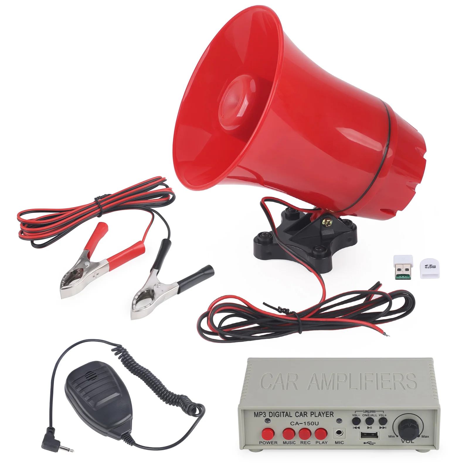 Anpassbare Autoalarmanlage mit Sirene 12V-24V DC 130dB Hupe mit Verstärker, MIC-System, MP3-Player und TF-Kartenleser – Detail 1