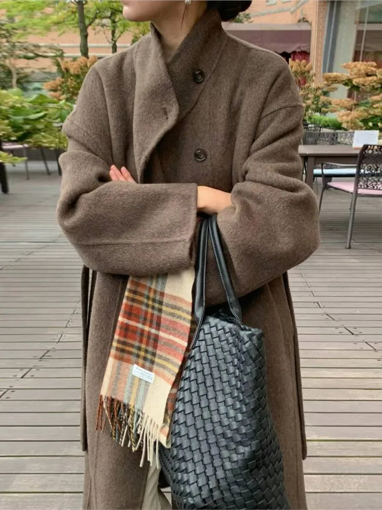 

Осеннее элегантное модное длинное шерстяное пальто, водолазка, однобортное женское длинное пальто на шнуровке, корейская повседневная женская одежда, новинка