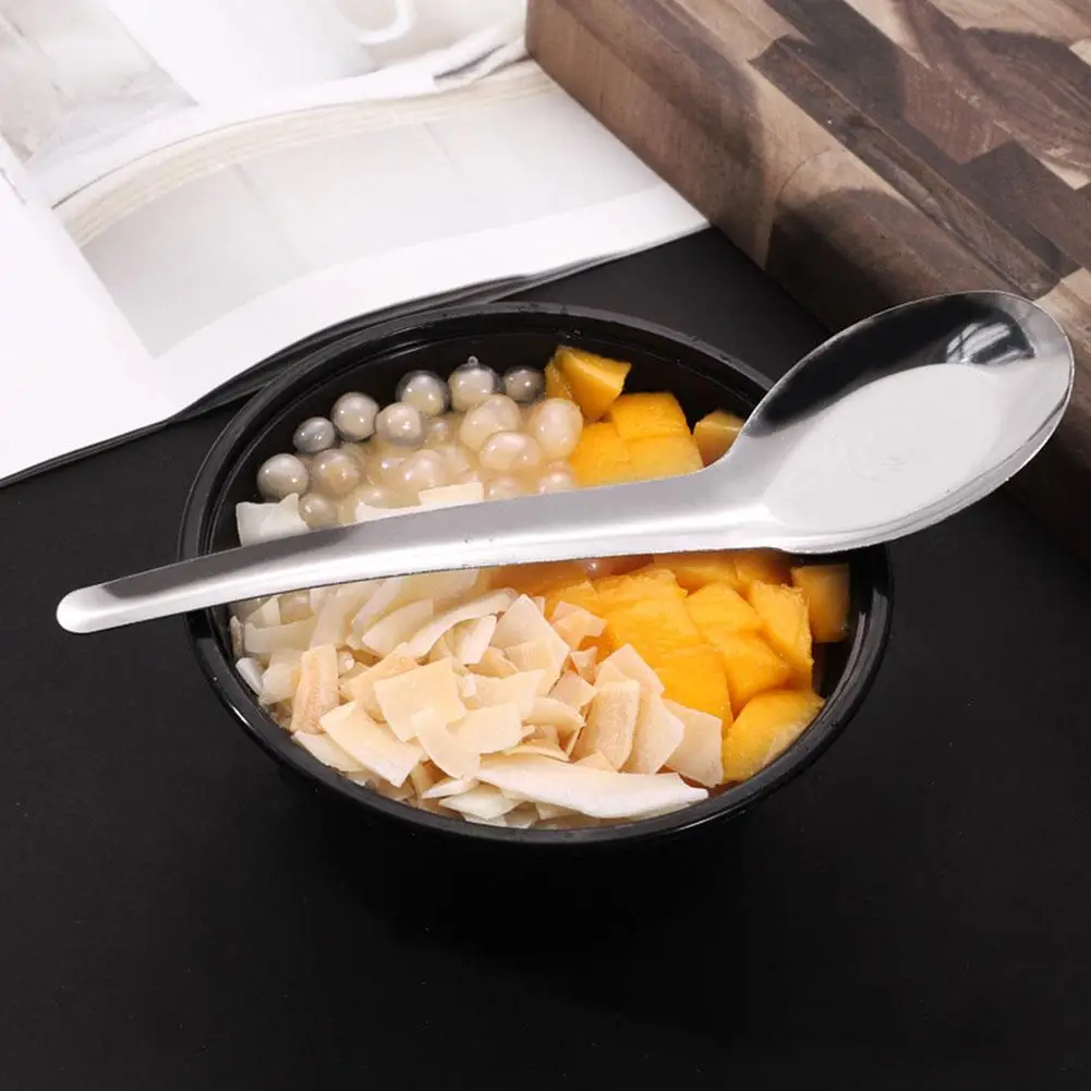 12pcs Long Handle Flat Bottom Spoon 410 Stainless Steel Meal Spoon Spoon breakfast Congee Household Adult Restaurant Spoon W9V1