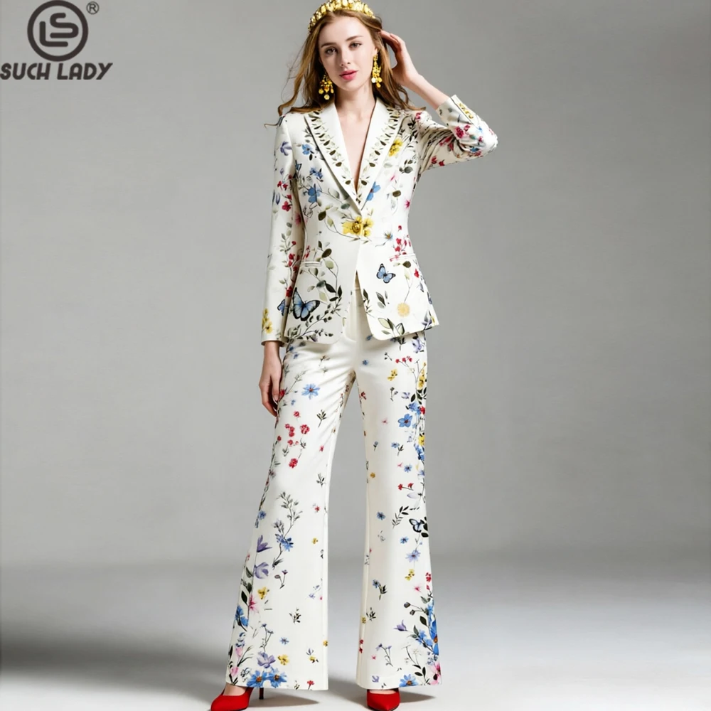 Women's Suit Set Notched Lapel Blazer & Long Pants Elegant Office Lady Workwear Outfit Fashion Twinsets