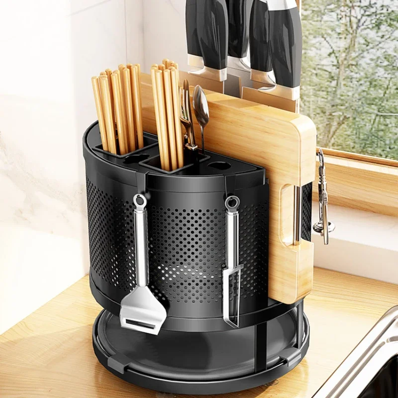 Integrated Multi-Functional Rotary Drying Storage Box Kitchen Organizer Shelves Countertop Spoon, Chopsticks and Knife Holder