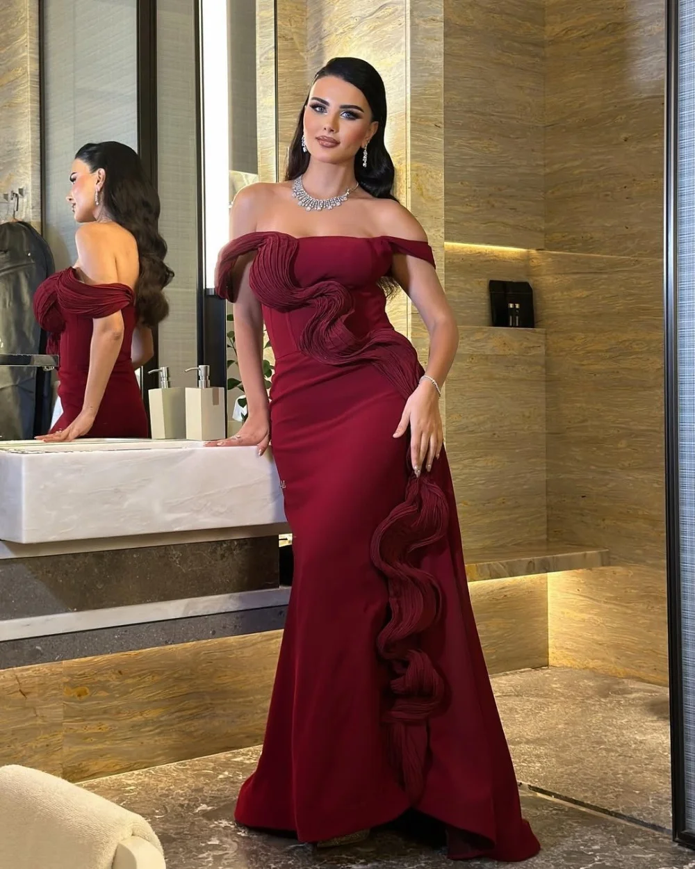 

Customized Retro Burgundy Pleat Ruched Mermaid Off-the-shoulder Long Dresses Evening Dresses for Woman Chinese Style Fashion
