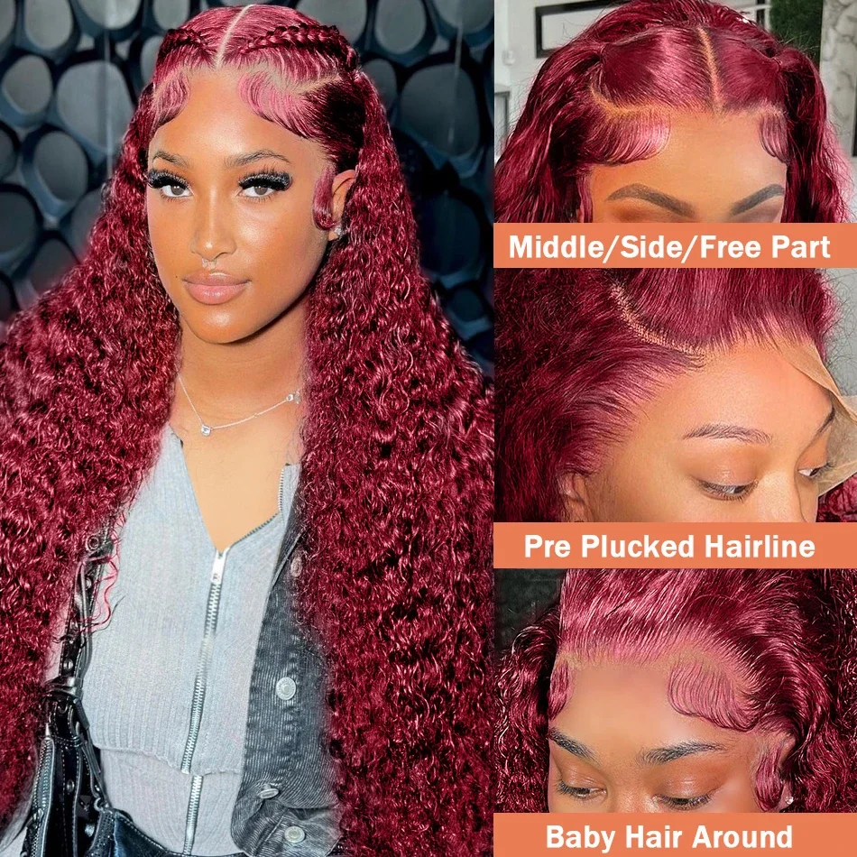 Deep Wave 99J Burgundy Wigs Human Hair 13x4 Lace Front Wig For Women Pre Plucked Red Curly 13x6 HD Lace Frontal Wigs