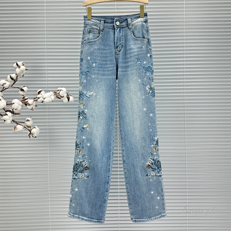 

Chinese Style Embroidery Rhinestone Jeans for Women Mop Trousers 2024 New Spring High Waist Loose All-Match Wide Leg Pants