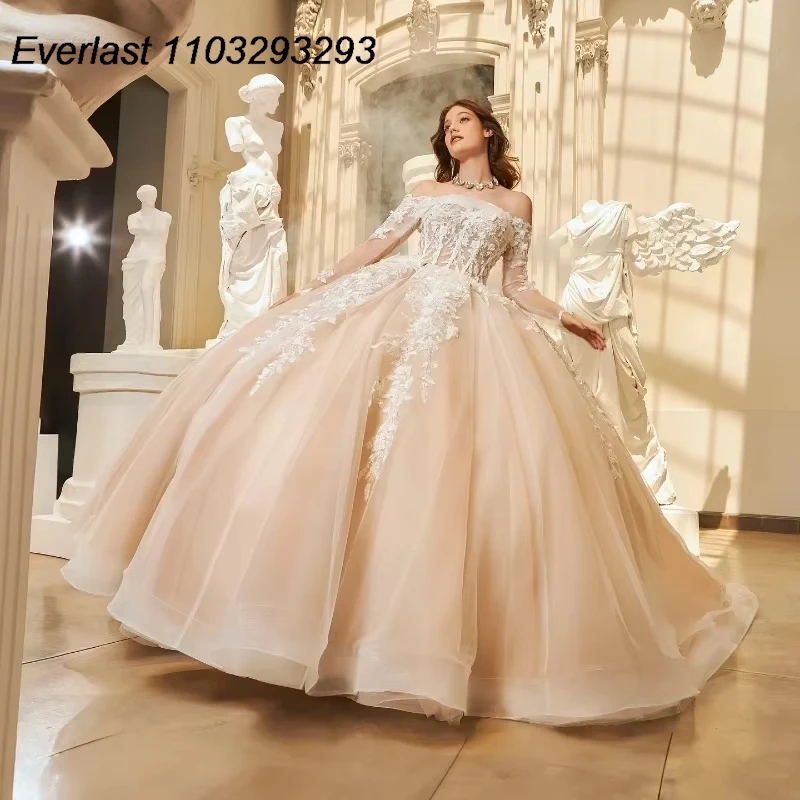 EVLAST Customized Mexican Champagne Quinceanera Dress Ball Gown White Lace Appliques Beading Sweet 16 Vestido De 15 Anos E1Q42