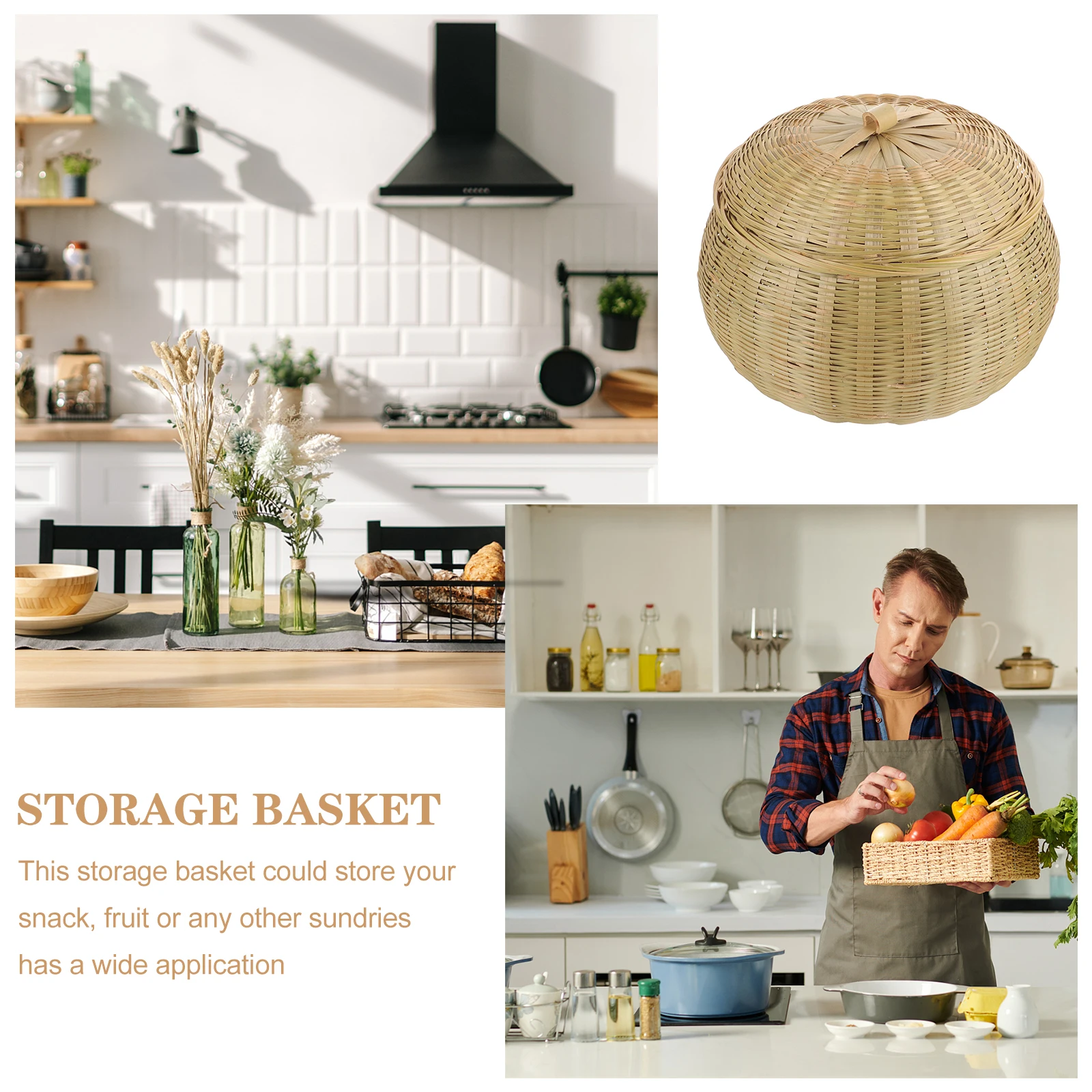 

Bamboo Pumpkin Basket Lid Round Egg Tea Storage for Snacks Fruits Lightweight Bedroom Office Kitchen Use Weaving Garden Baskets