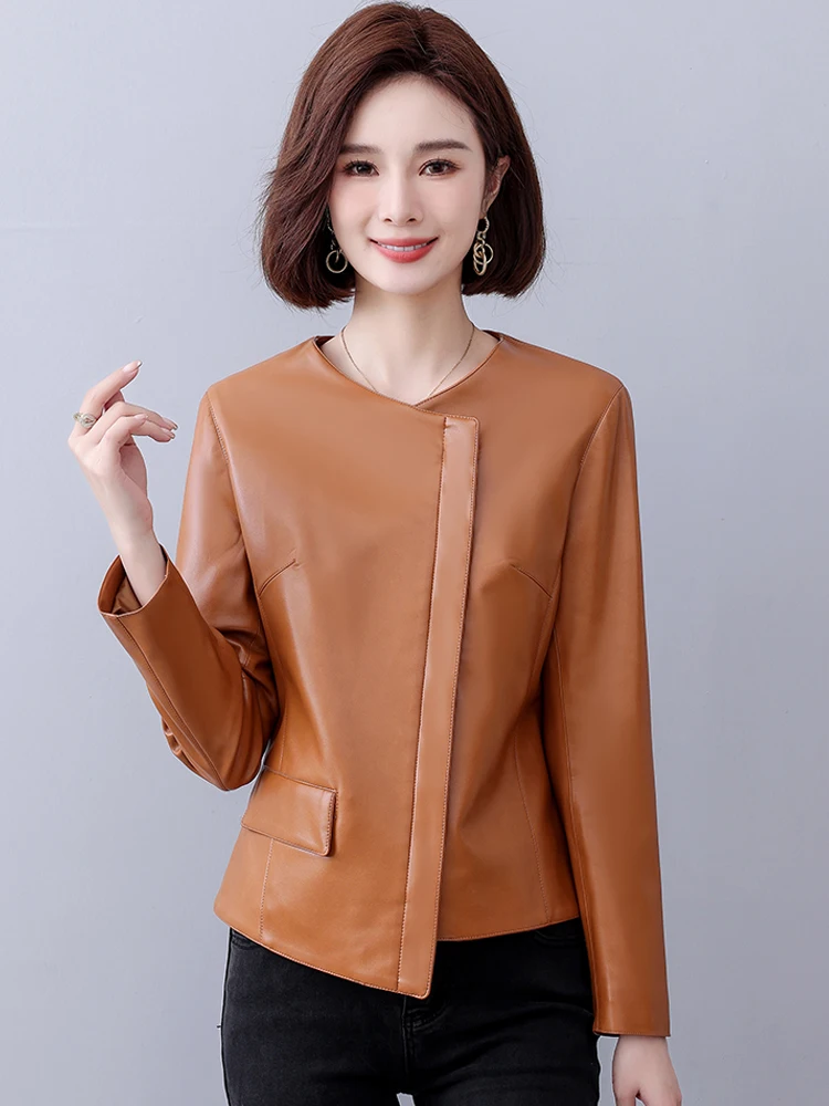 แฟชั่นไม่สม่ําเสมอซิป Sheepskin แจ็คเก็ตผู้หญิงลําลองแขนยาว Slim สุภาพสตรี Chic แยกเสื้อแจ็คเก็ตหนัง