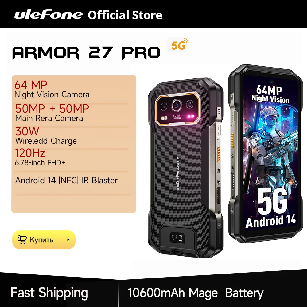 Ulefone Armor 27 Pro 5G 10600mAh Smartphone 50MP Kamera 64MP Nocny Android 14 Wytrzymały telefon do 24GB+256GB NFC Wodoodporny telefon