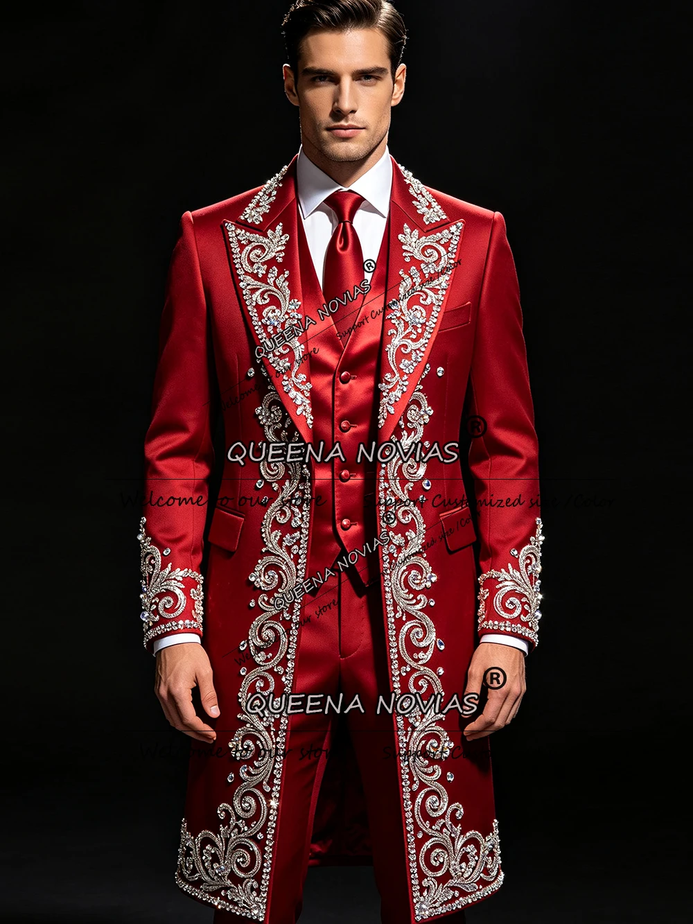 Luxury Wedding Suit For Man Sliver Crystals Beading Groom Prom Blazer Long Customized Single Breasted Man Dinner Party Tuxedos