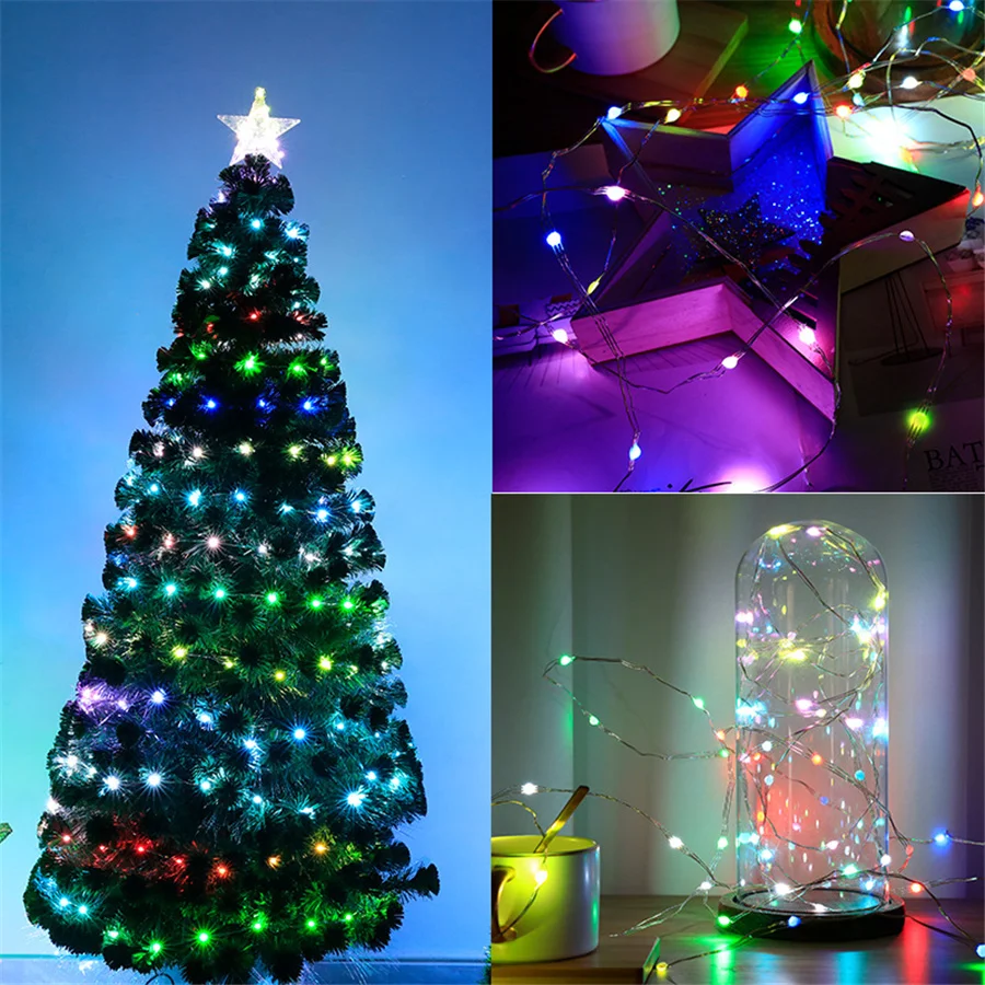 Guirnalda de luces LED inteligente de Navidad, resistente al agua, USB, control remoto, cable de cobre RGB, cadena de luz para jardín, decoración interior y exterior del Hogar