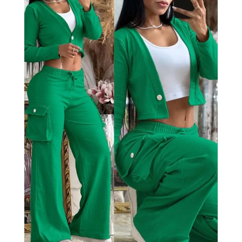 

Осенний повседневный женский комплект из 2 предметов, однотонный комплект с длинным рукавом, короткий топ и брюки с боковыми карманами, весенний принт, новые одинаковые комплекты