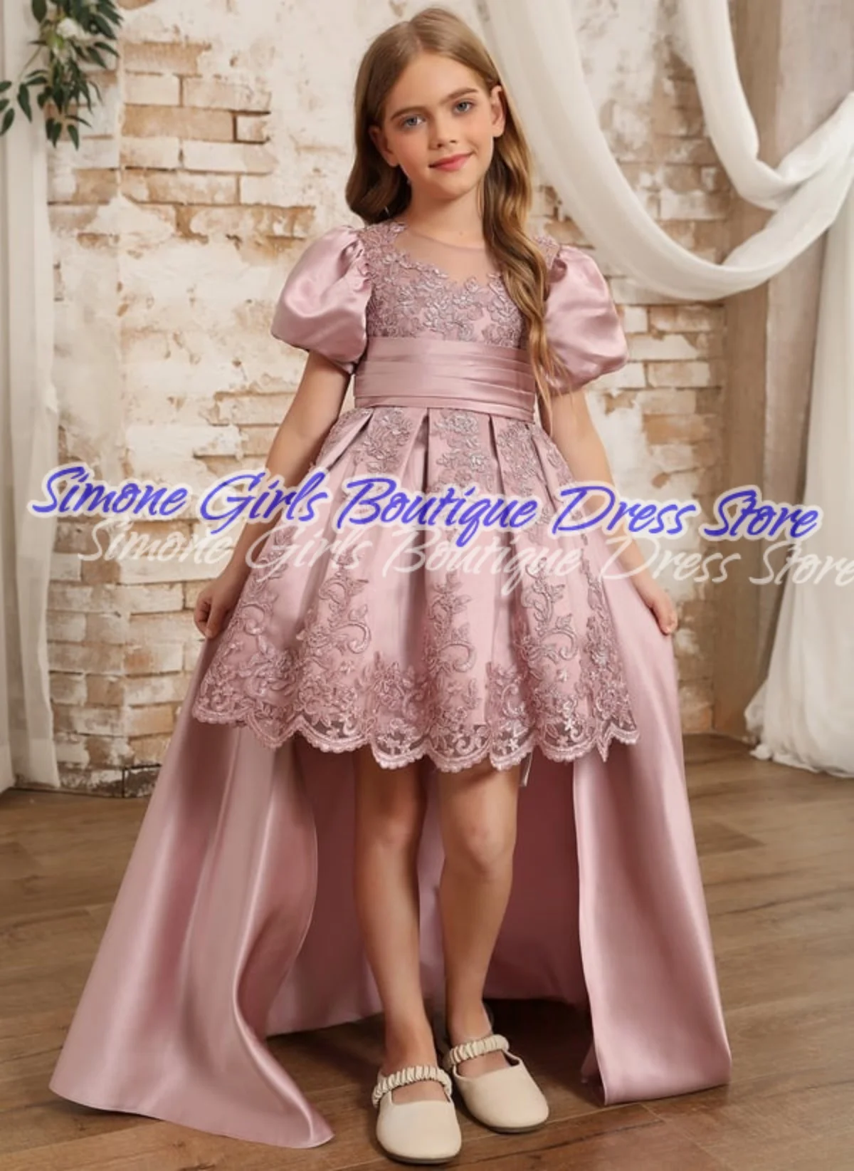 التطريز القوس حزام تصميم نفخة الأكمام زهرة فتاة فساتين لحفلات الزفاف عطلة الاحتفال حفلة الاستقبال الرسمية