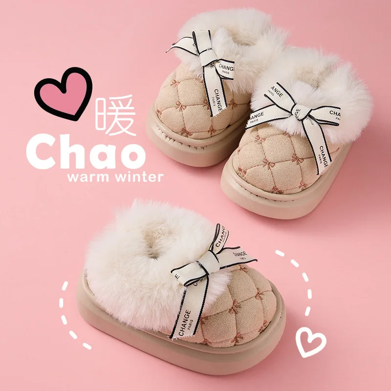 New Bow Cute Girls Slippers Winter Plaid Warm Plush Children Slippers Fashion Non Slip Soft Kids Indoor Shoes