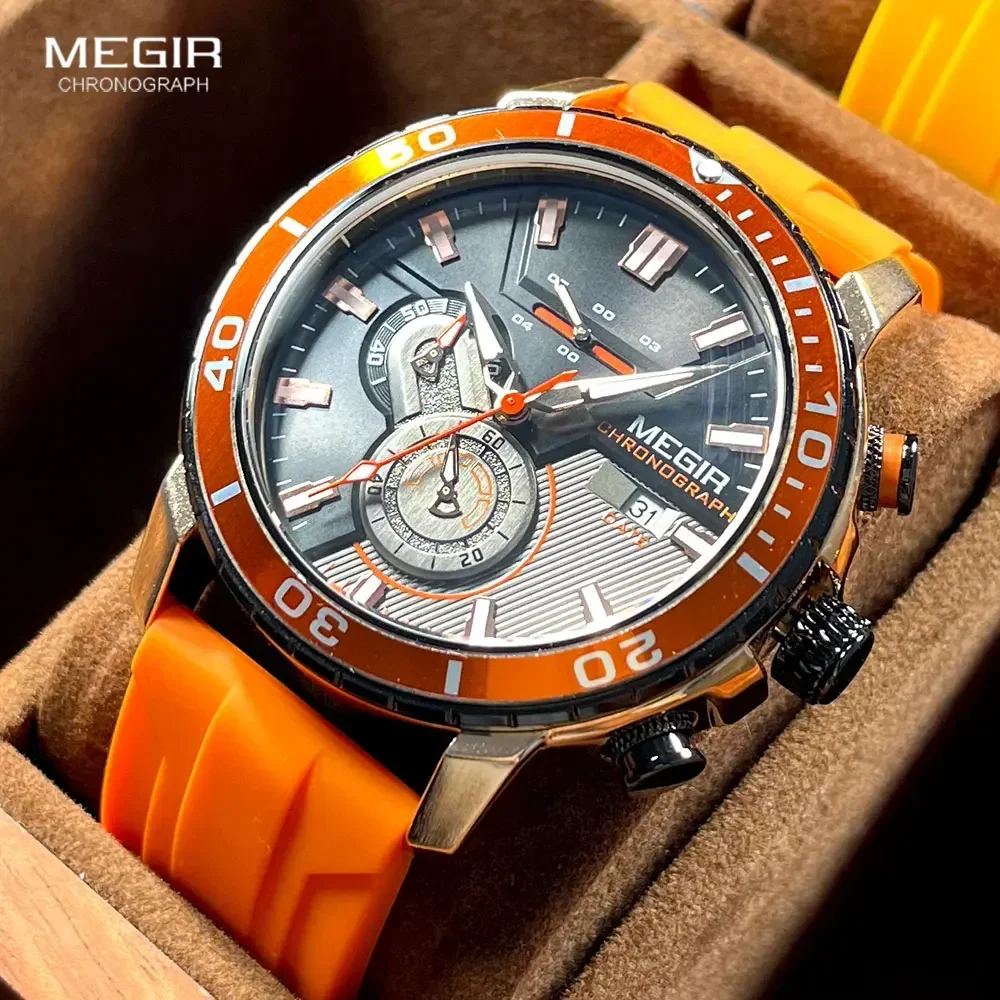 MEGIR สีส้มนาฬิกาสปอร์ตสําหรับผู้ชายแฟชั่นสายซิลิโคนกันน้ํานาฬิกาข้อมือควอตซ์โครโนกราฟพร้อมวันที่อัตโนมัติมือส่องสว่าง